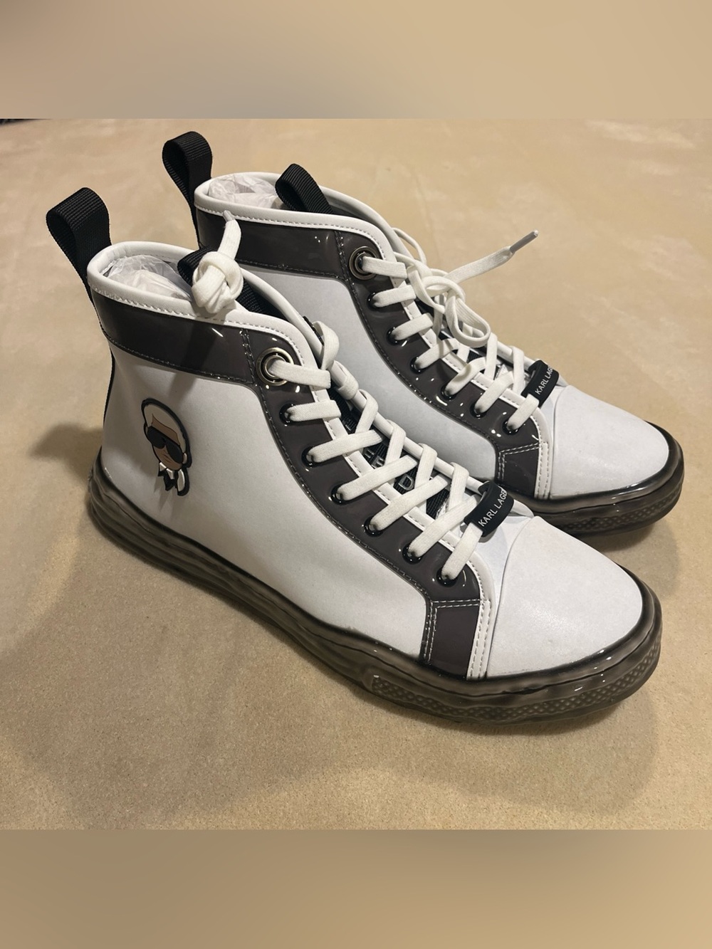 Karl Lagerfeld White & Black High-Top Sneakers with Character Patch